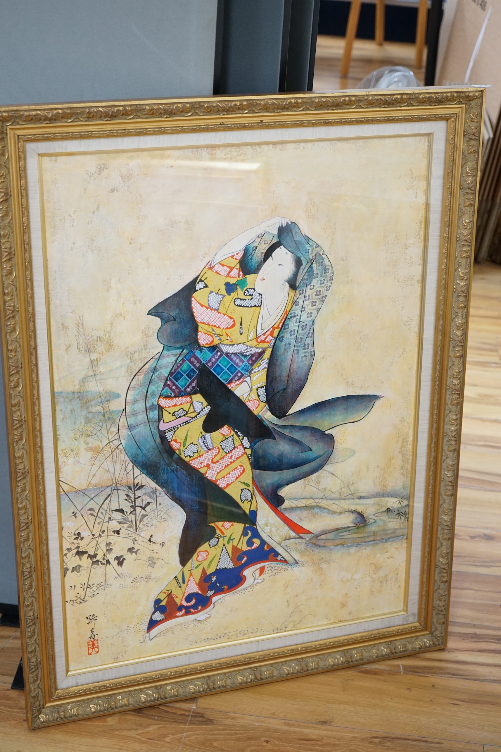 Keiko Ryu (Japanese), mixed media on board, Dancing woman wearing a kimono, signed with character marks and red seal mark, together with an exhibition catalogue, 87 x 63cm, gilt framed. Condition - good